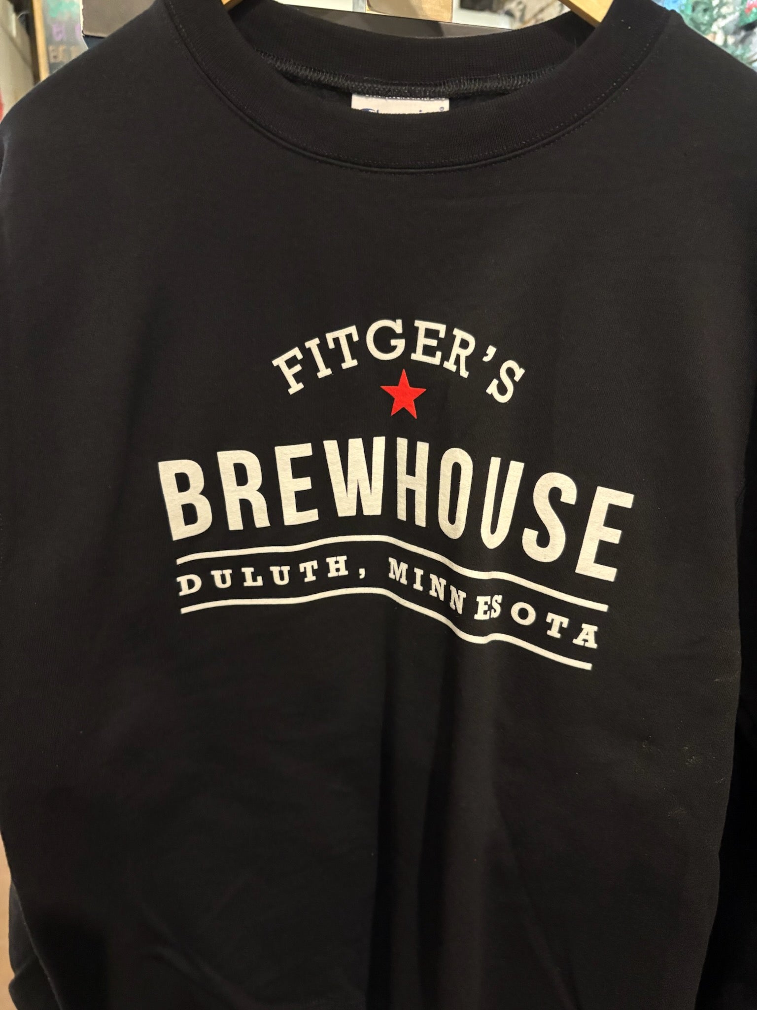 New black Crew Sweatshirt with Fitgers Brewhouse logo on front