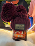 New maroon  Knit Hat with pom/leather Fitgers Brewhouse patch