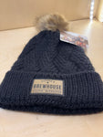 New maroon  Knit Hat with pom/leather Fitgers Brewhouse patch