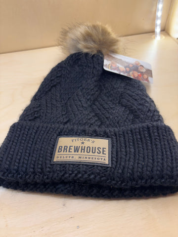 New black  Knit Hat with pom/leather Fitgers Brewhouse patch