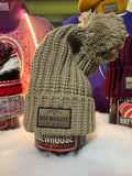 New tan  Knit Hat with pom/leather Fitgers Brewhouse patch