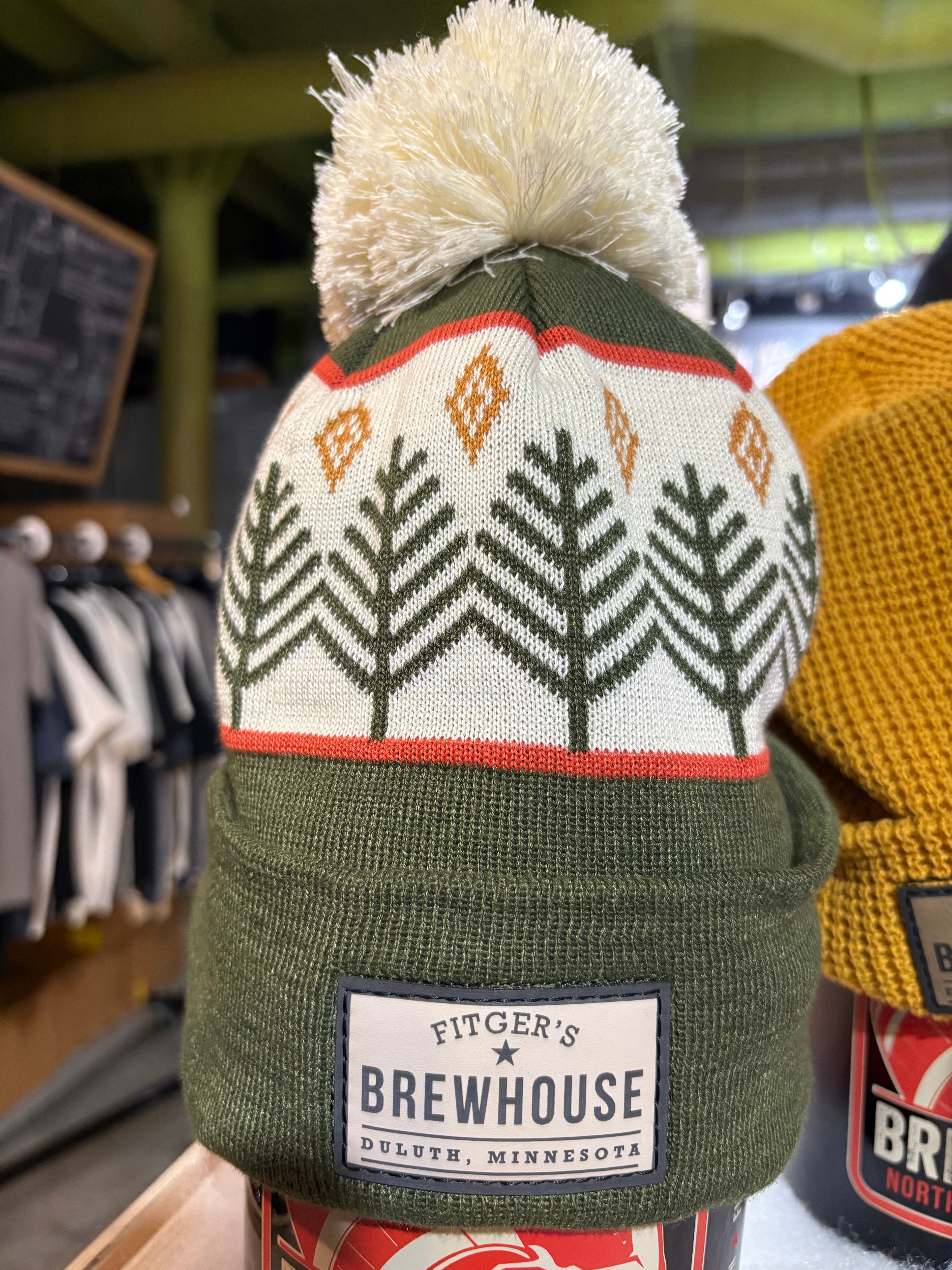 NEW green and white Knit Hat W/Pom and trees